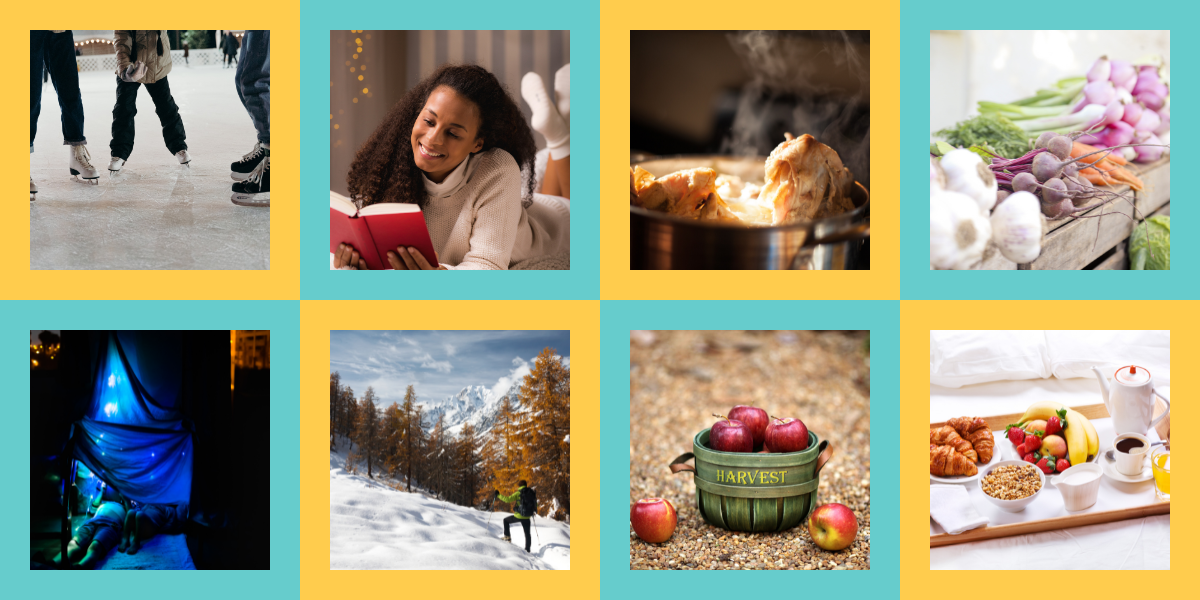 A group of friends ice skating, a woman reading a red book, a stock pot of chicken, an array of produce, a blue glowing blanket fort, a person hiking on a snowy mountain, a basket full of apples, and a tray on a bed with breakfast on it.