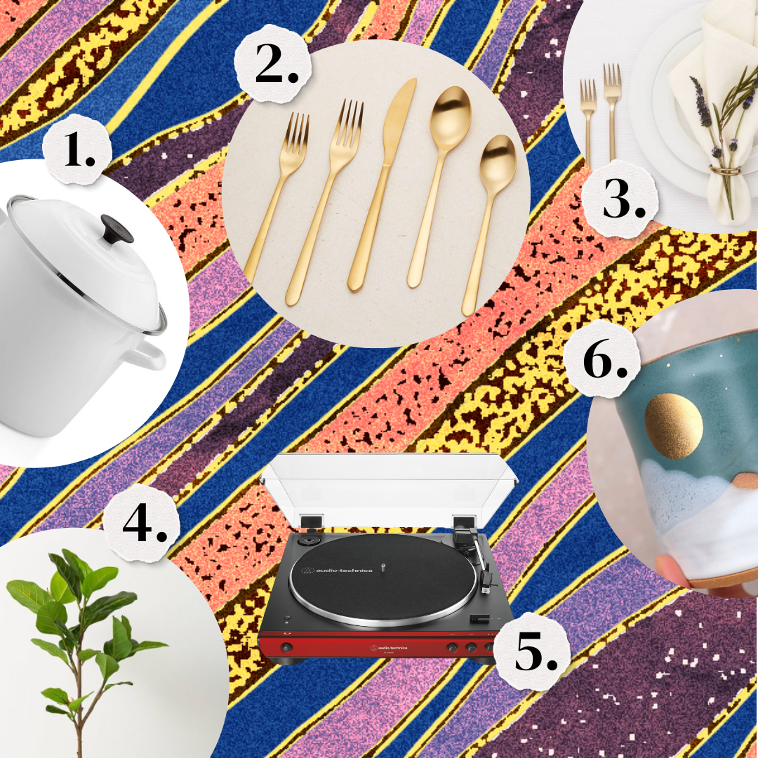 1. White enamel stockpot. 2. A set of gold flatware. 3. A set of gold flatware. 4. A Ficus tree. 5. A turntable. 6. A mug with a gold moon and sky on it.