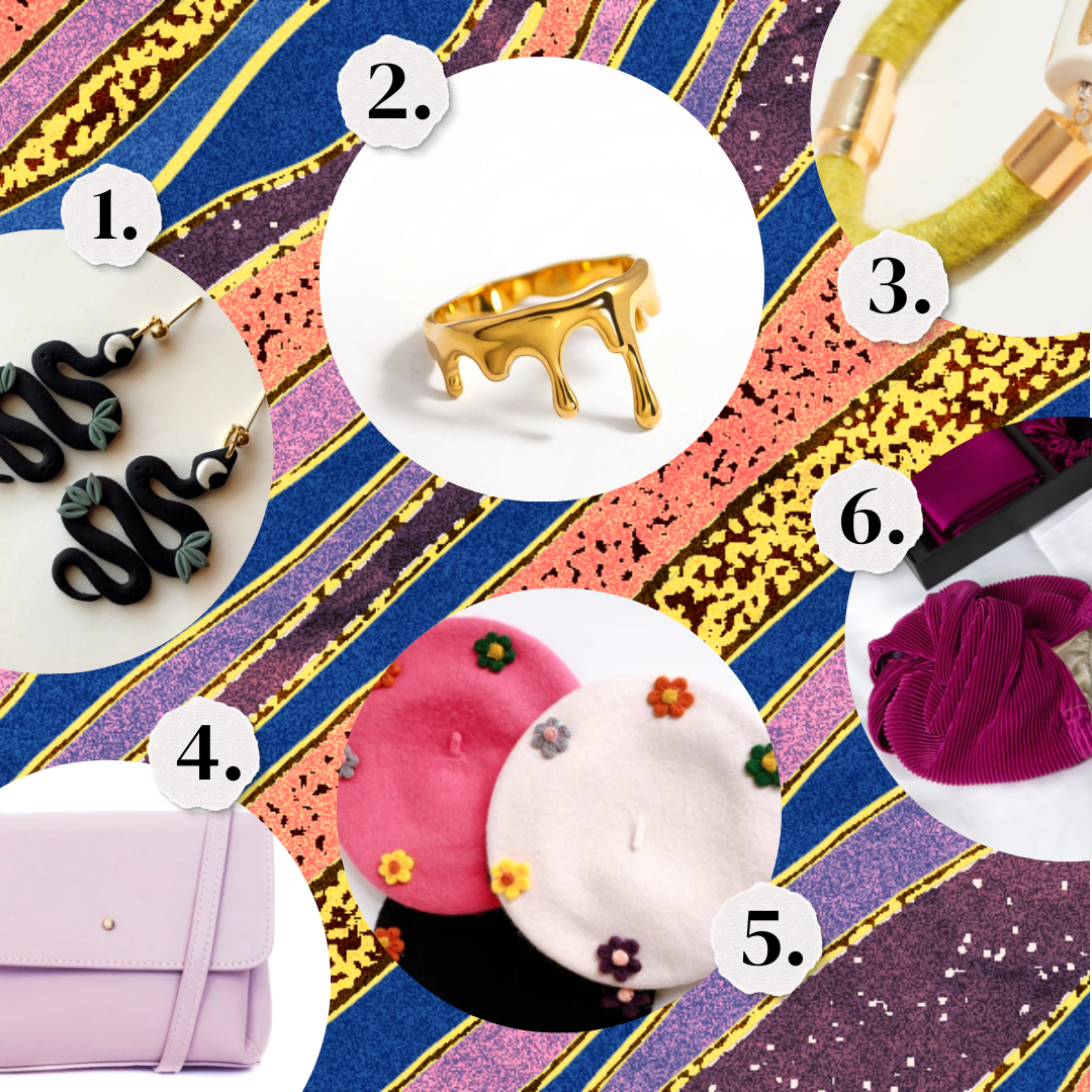 1. Earrings shaped like black snakes. 2. A ring that looks like dripped gold. 3. A wool bracelet in chartreuse. 4. A lavender vegan crossbody bag. 5. A flower beret. 6. A dark pink sleep set with turban, scrunchy, mask, and pillowcase.