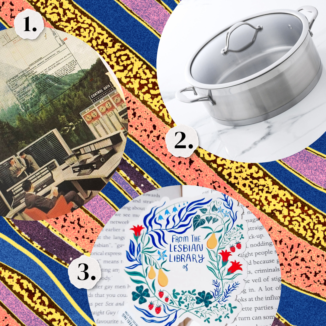 1. An art print of a data cloud. 2. A cooking pot with glass lid. 3. Queer bookplate stickers