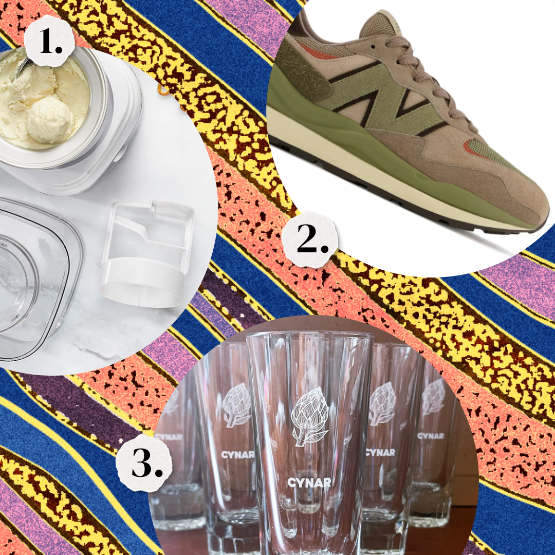 1. An ice cream maker. 2. A New Balance sneaker. 3. Vintage Cynar glasses.