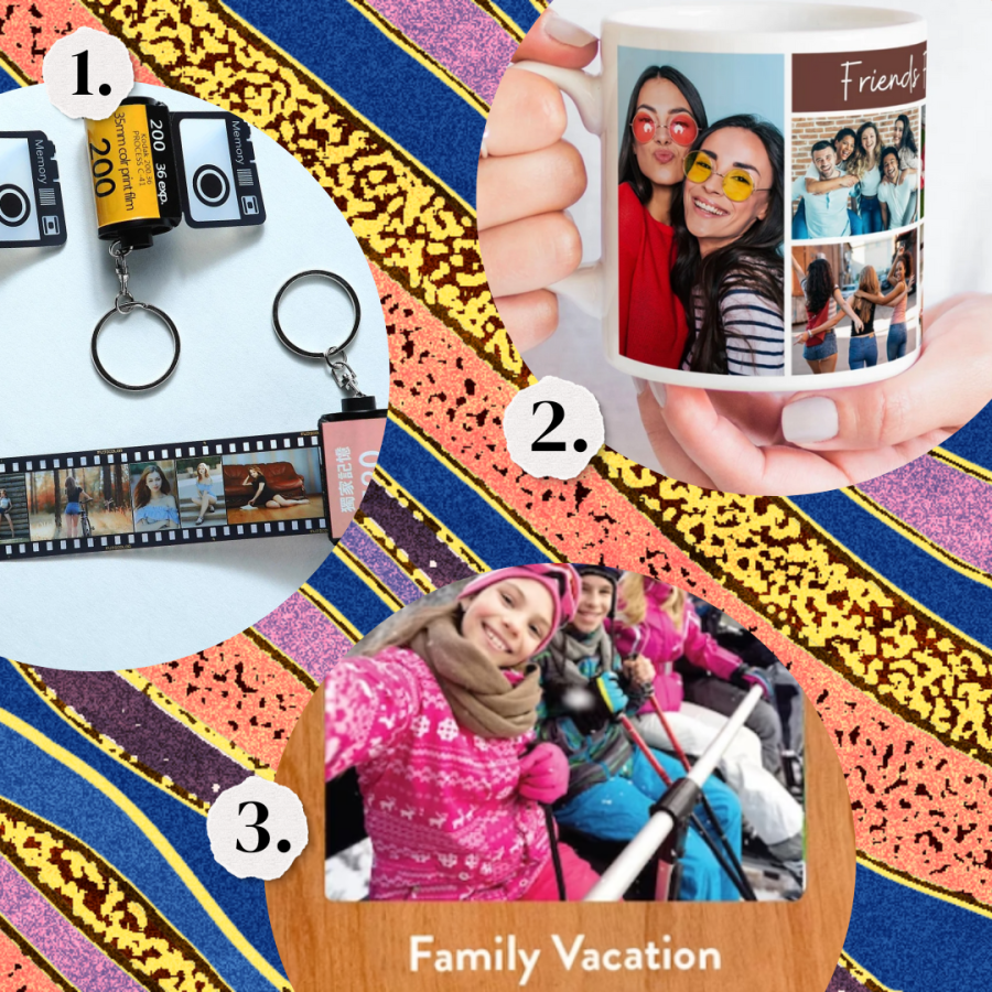 1. A keychain that looks like film roll. 2. A customizable photo mug. 3. A customizable magnet.