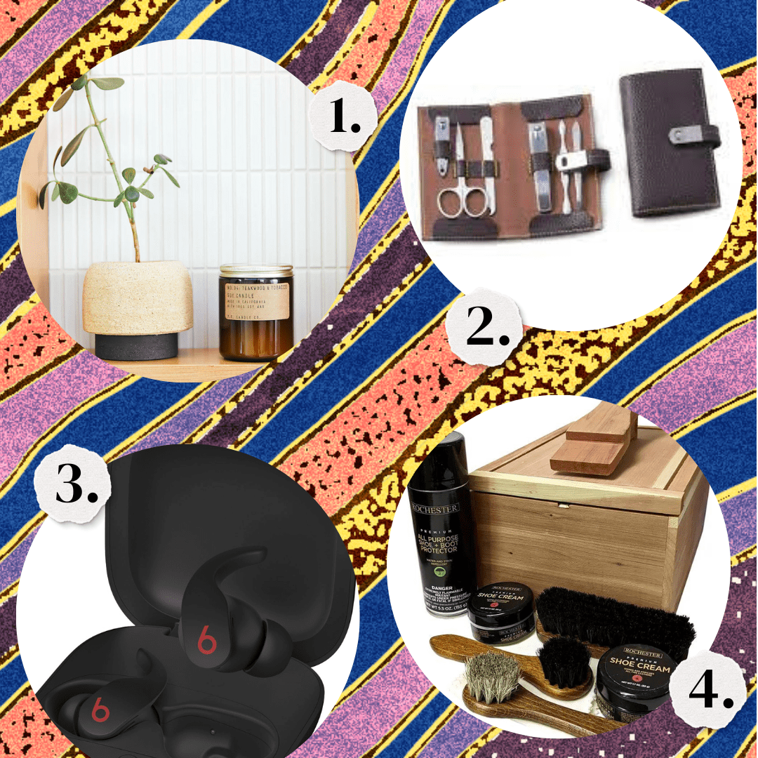 1. A scented soy candle. 2. A cuticle manicure kit in a leather case. 3. A pair of Beats headphones. 4. A shoe shining kit.