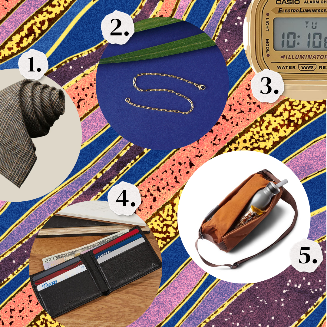 1. A gray tie. 2. A chain bracelet. 3. A gold watch. 4. A bifold wallet. 5. A sling pack in dark brown.