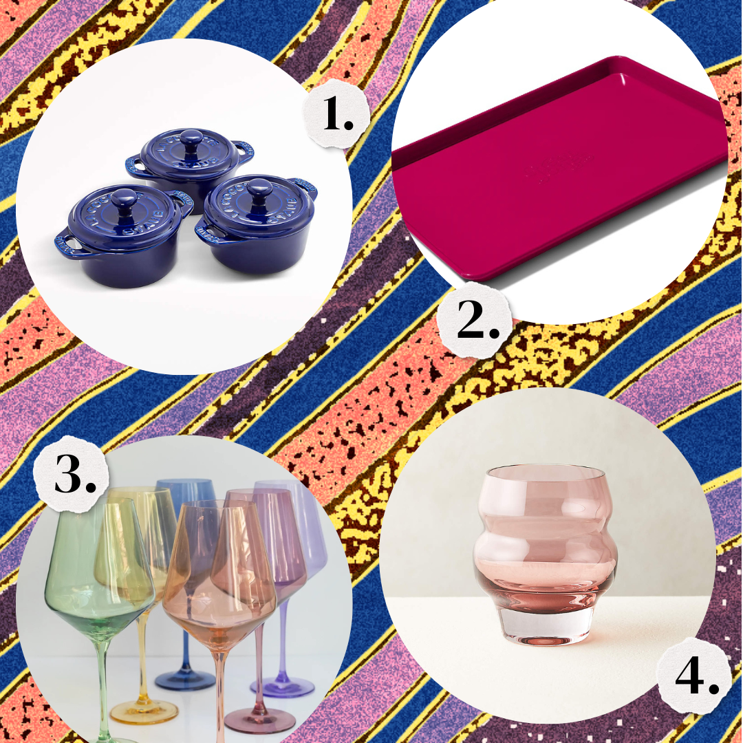 1. Blue mini cocottes. 2. A pink sheet pan. 3. Colored glass wine glasses. 4. A pink Old Fashioned glass