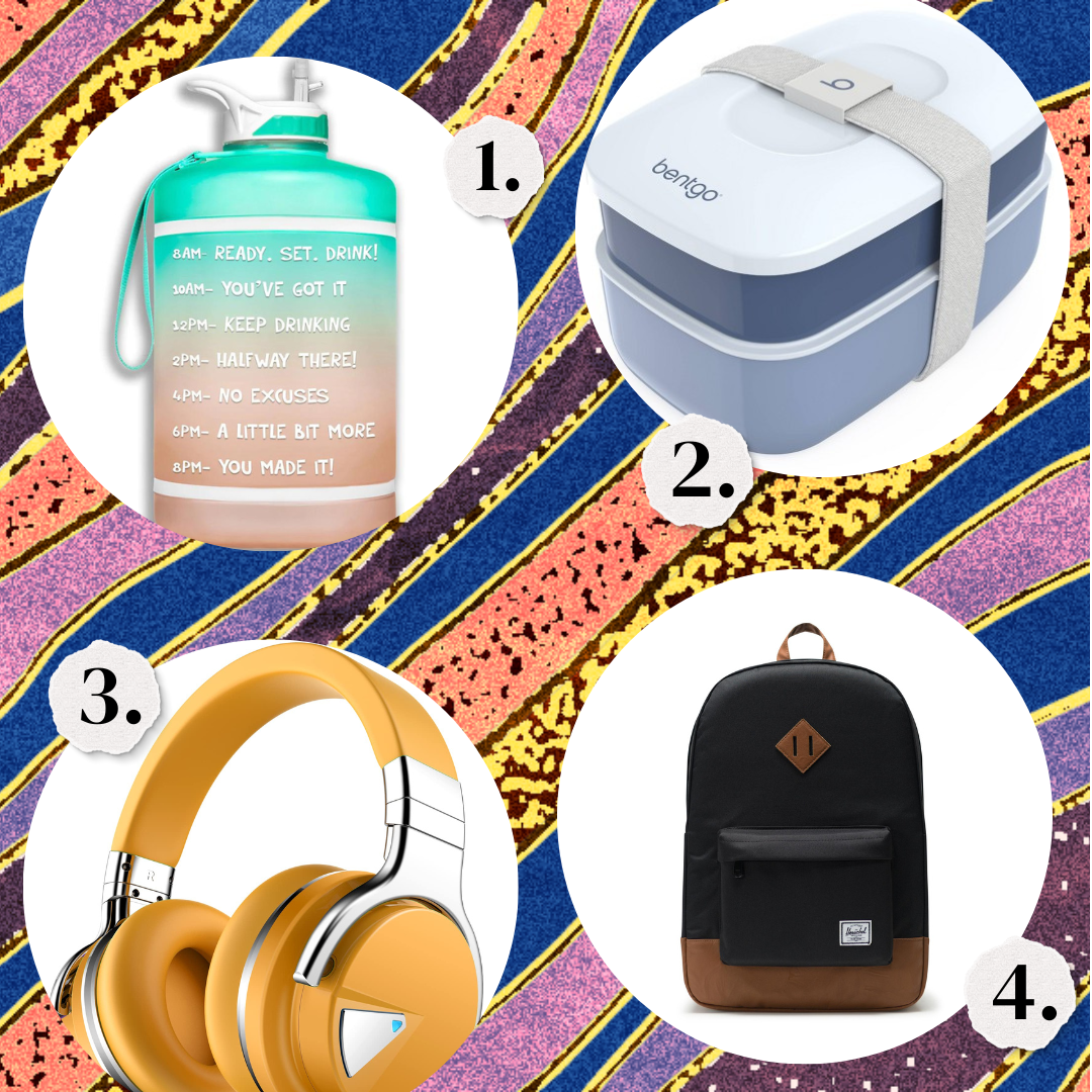 1. A plastic water jug in mint and pink that has affirmations on it. 2. A gray bento box lunchbox. 3. Yellow over-the-ear headphones. 4. A vintage Herschel backpack in black and brown.