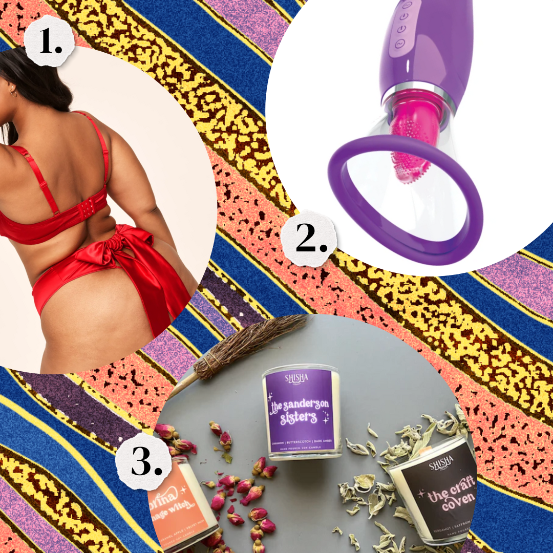 1. A shiny red lingerie set. 2. A suction sex toy. 3. A set of candles.