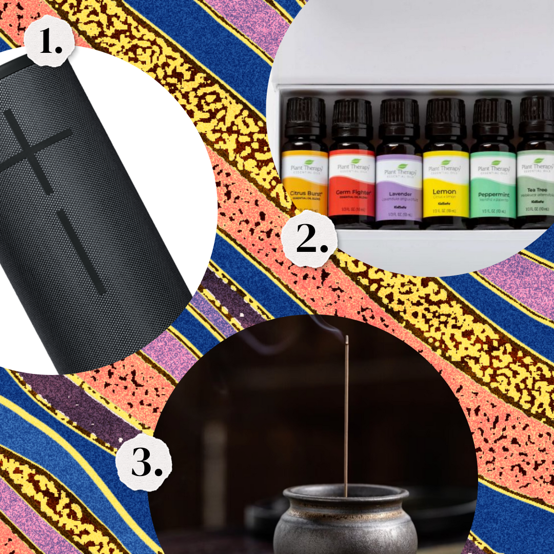 1. A speaker. 2. Aromatherapy oils. 3. An incense burner.