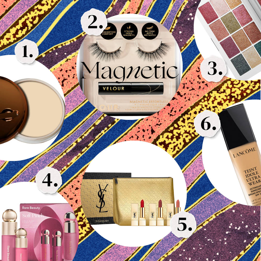 1. Balm powder. 2. Magnetic eyelashes. 3. A metallic eye shadow palette. 4. A beauty roller. 5. A lipstick set. 6. Lancome foundation.