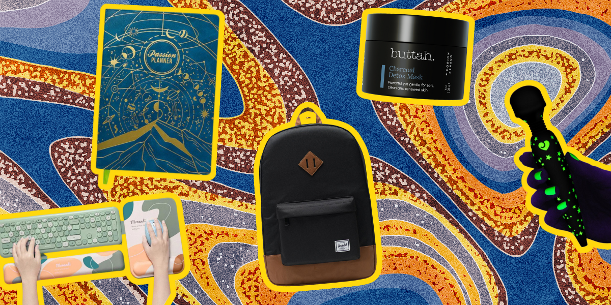 A keyboard mat; a passion planner in a celestial blue scheme; a black and brown Herschel backpack; a detox mask; a hand holding a glow in the dark mini vibrator