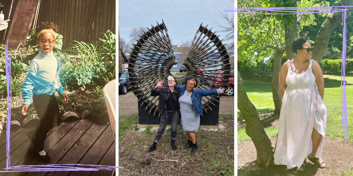 A collage of three photos. On the left, a young Carmen smiles outside. In the center, Nico and Carmen post for a photo opp outdoors in Buffalo, arms outstretched, and to the right, adult Carmen poses in a flowing white dress and Birkenstocks outside