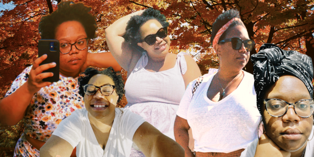 A collage of photos all taken with the Dazz Cam App: a red fall tree, and six selfies of the author (a Black woman with glasses and natural hair) in various poses