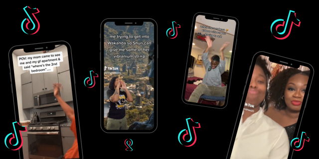 Four phones with screenshots of various TikToks on a Black background, the TikTok logo floats in between them all
