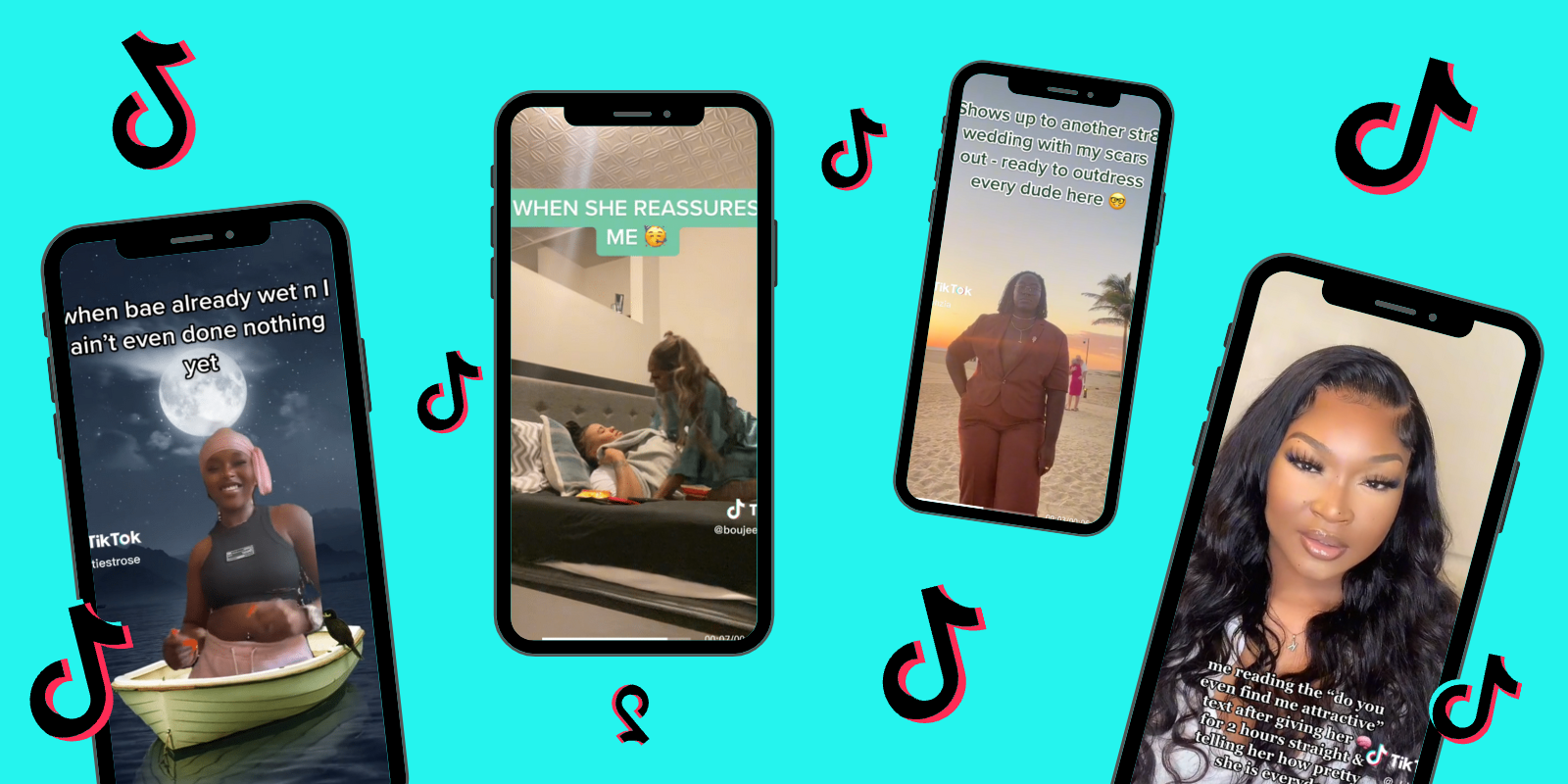 Four phones with screenshots of various TikTokson a light teal background, the TikTok logo floats in between them all