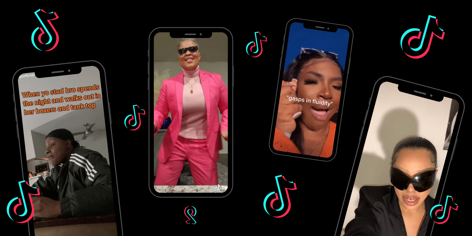 Four phones with screenshots of various TikToks on a Black background, the TikTok logo floats in between them all
