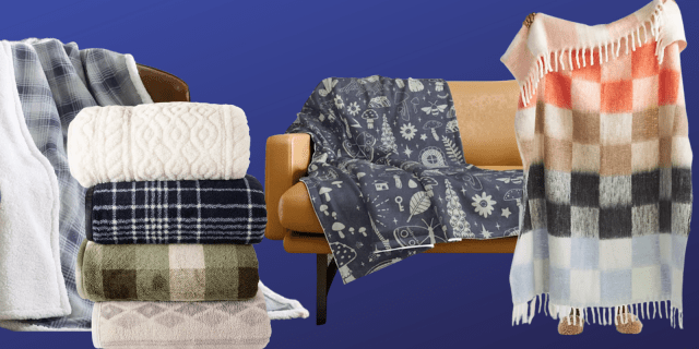 Collaged in front of a navy blue gradient background, left to right: a blue and gray checked blanket over a brown couch against a white wall with an open window. on the white wall, there is a white fireplace, a stack of four blankets: one white, one blue with white stripes, one green check and one beige pattern, a dark blue blanket with white print draped over a light brown couch against a white wall. a tall potted plant is to the left in a white planter, hands holding up a white blanket with tan, orange, light blue and black checkered pattern