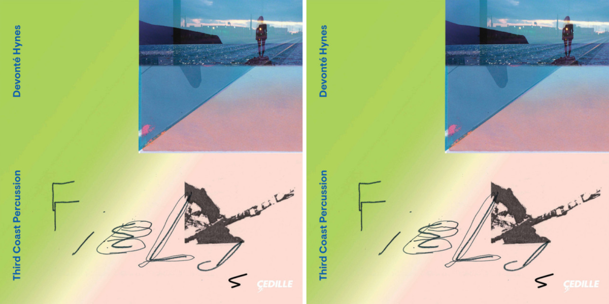 A side-by-side of two images of the Fields by Devonté Hynes and Third Coast Percussion album cover, it is in colors of green and peach