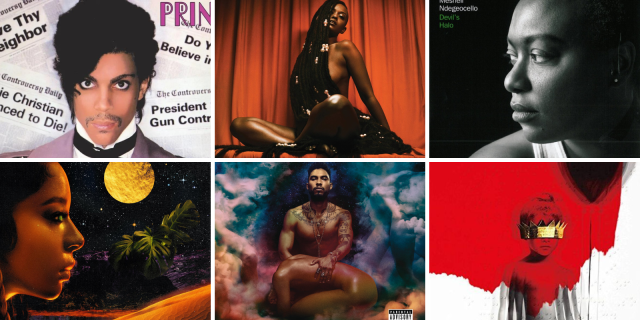A collage that features the following album covers. Top, left to right: Prince "Do Me, Baby," Kelela "S.O.S," Meshell Ndegeocello "Devil's Halo." Bottom, left to right: Victoria Monet, "Jaguar," Miguel "Wildheart," and Rihanna "Anti."