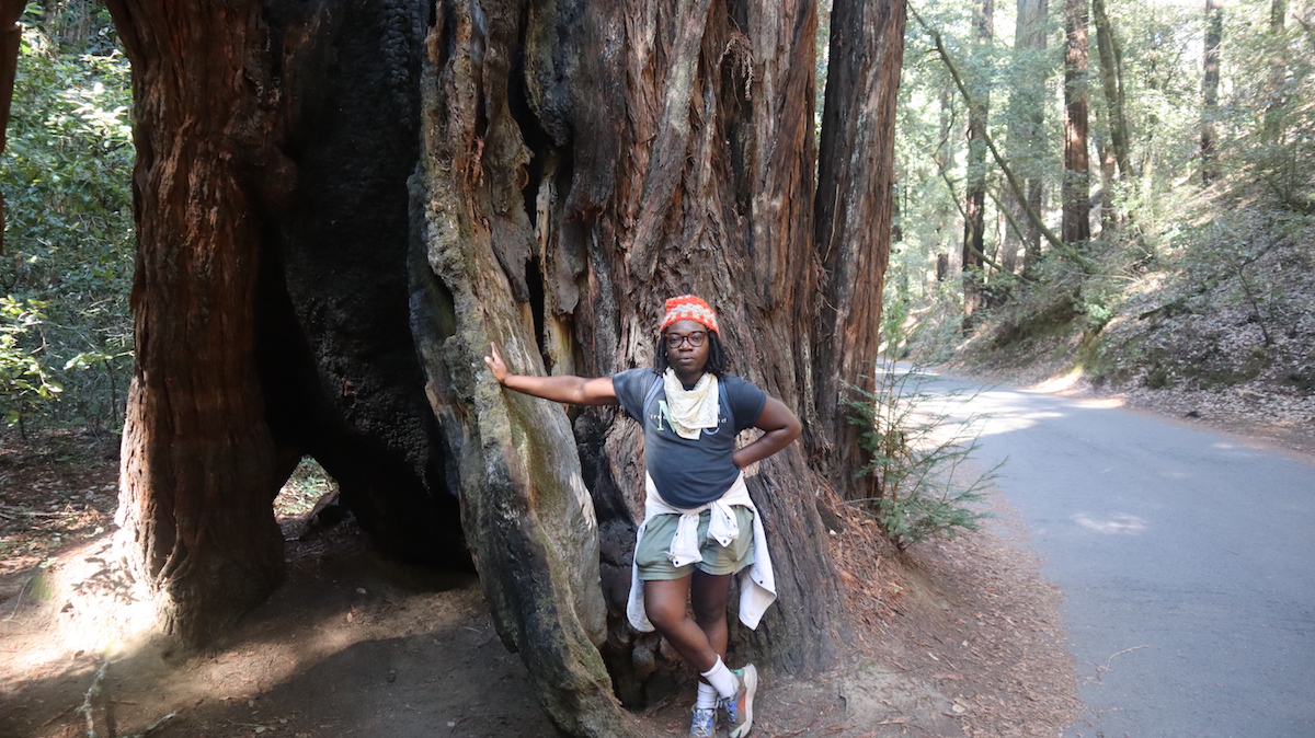 a queer Black person in shorts, t-shirt, and beanie leans against a huge tree with one hand on their hip