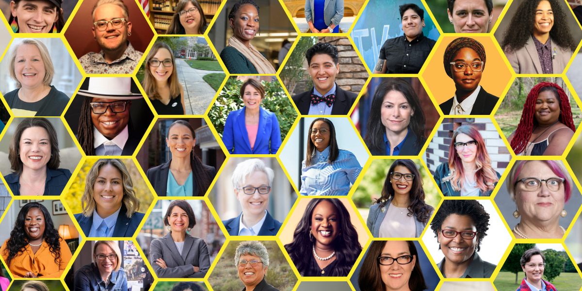 A honeycomb mosaic of 35 LGBT candidates from the 2022 Midterm Election.