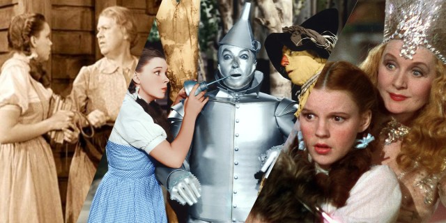 A three-way collage of images from the Wizard of Oz, cut on a diagonal, from left to right: A sepia-toned image of Dorthy and Aunt Em in Kanas, Dorthy with the Tin Man and Scarecrow, and Dorthy being held by Glinda the Good Witch