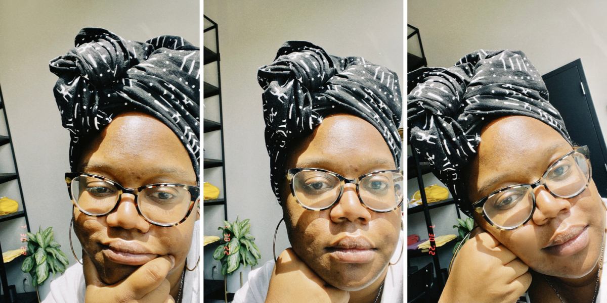 Three selfies of Carmen with her hair wrapped up in a black-and-white Ankara wax print head wrap