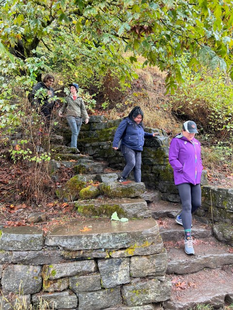 Several hikers walk down some slick stone stairs while chatting with each other on the trail.
