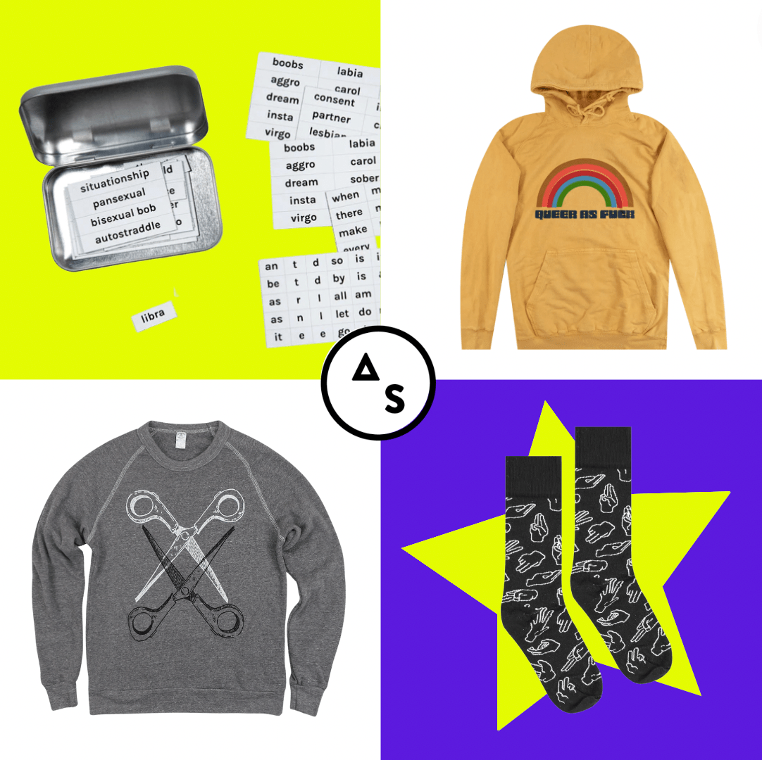 A 4 square grid featuring some popular items from the Autostraddle Store that was restocked. Clockwise from the top left: The Queer Magnetic Poetry Kit, the Queer As Fuck Vintage Mustard Hoodie, the grey Basic Scissoring Sweatshirt, and the Fisting 101 black crew sock.