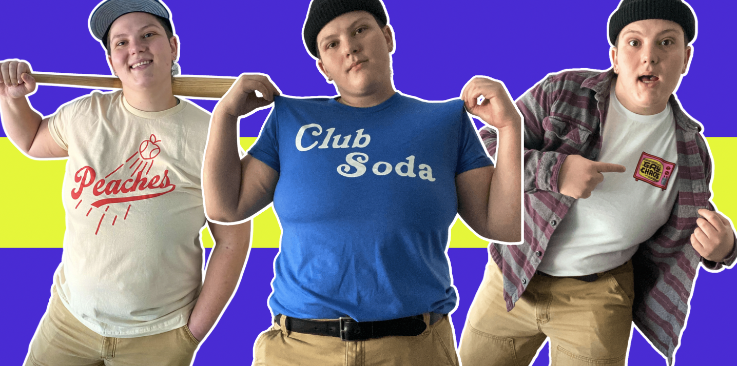 This is a collage of three photos of the model Jenny side by side. On the left, Jenny is wearing the Peaches tee and a blue baseball cap and holding a bat on their shoulder. In the middle, Jenny is wearing the blue Club Soda Tee and styled with a black beanie. On the right they are wearing the Gay Chaos White Long Sleeve Tee with a grey/burgundy flannel on top and a black beanie and tan canvas pants.