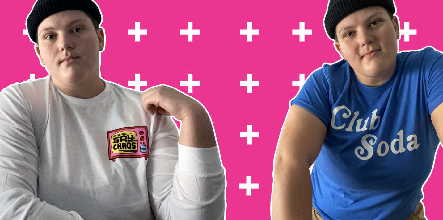 A collage of two images of the model Jenny. On the left they are wearing the Gay Chaos Long Sleeve Tee in white. On the right they are wearing the blue Club Soda Tee. They are a size XL. The background is neon pink with a repeating pattern of a plus sign.
