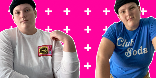 A collage of two images of the model Jenny. On the left they are wearing the Gay Chaos Long Sleeve Tee in white. On the right they are wearing the blue Club Soda Tee. They are a size XL. The background is neon pink with a repeating pattern of a plus sign.