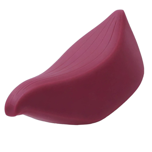 The Iroha Plus Tori is a teardrop-shaped, dark red sex toy with a convex side and concave side. The concave side has small ridges.