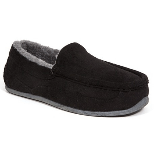A black, faux suede slipper with a grey sole and grey faux fur lining is against a white background.