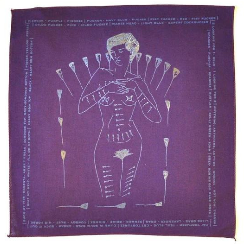 A purple bandana is against a white background. On the bandana, there is a drawing with silver ink featuring a nude person with breasts and pubic hair. The person has needles along their arms, thighs, nipples, and torso. Larger needles surround the person's body. Along the edges of the bandana, small text lists the different colors of bandanas and their hanky code meanings.