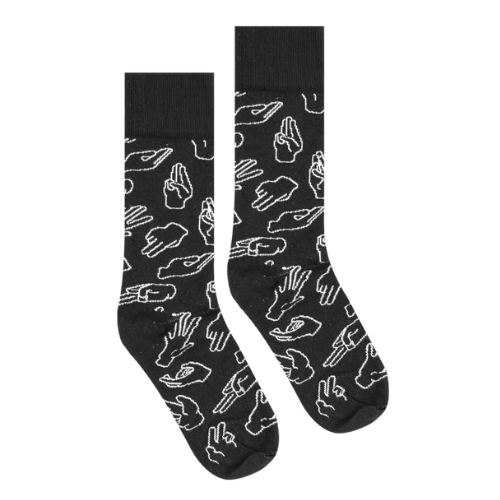 A pair of black socks featuring white drawings of hands in different positions (including the classic "duckbill" fisting position) is against a white background.