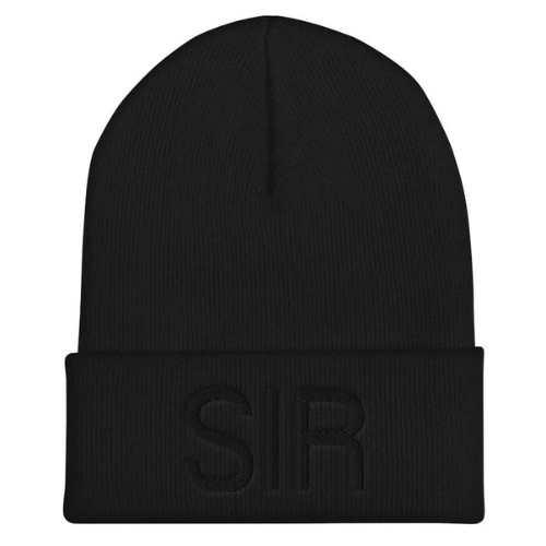 A black, cuffed beanie with black text on the cuff that reads, "SIR" is against a white background.