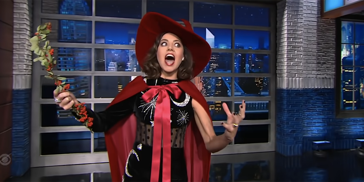Aubrey Plaza dressed as a Christmas Witch on The Late Show With Stephen Colbert