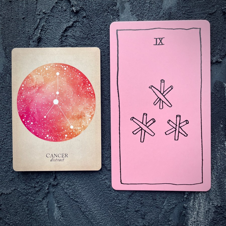 Card 1: Cancer, Card 2: Nine of wands