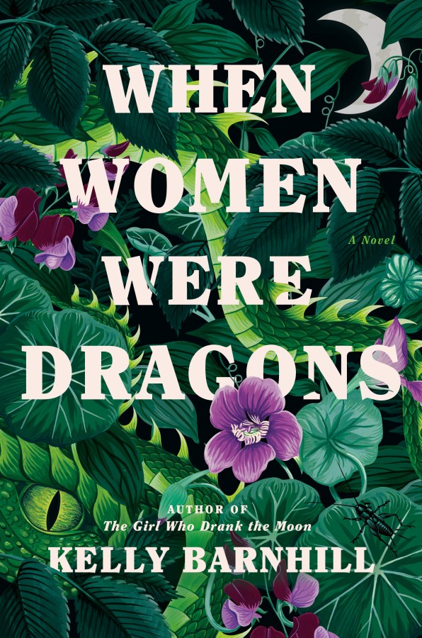 the cover of when women were dragons has purple flowers on it with a drafgon subtely illustrated among the greenery