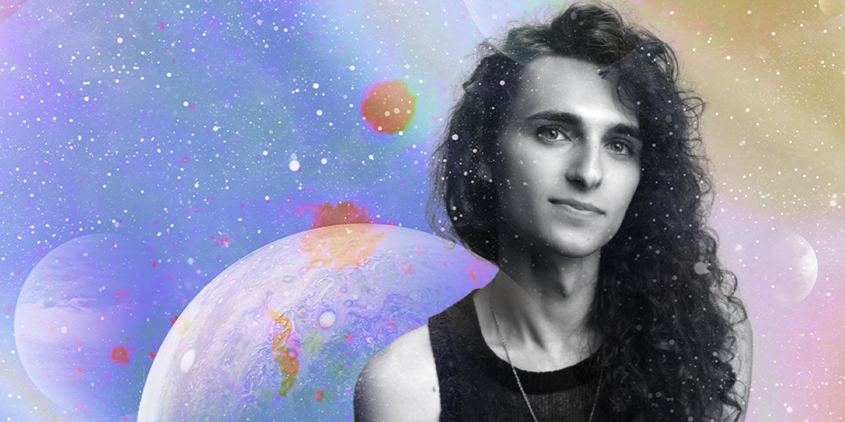 Drew, a white woman with long curly hair, is set in black and white, with a half smile, against a colorful spacey backdrop