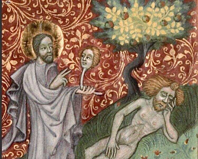 a medieval painting showing god creating eve from adam's rib. eve's head is basically just stuck onto the rib at this point