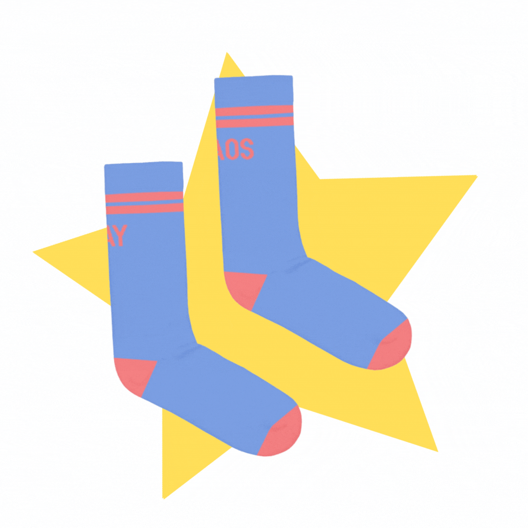 A gif of the GAY CHAOS sock in blue wiggling a bit. It is on top of a yellow star.
