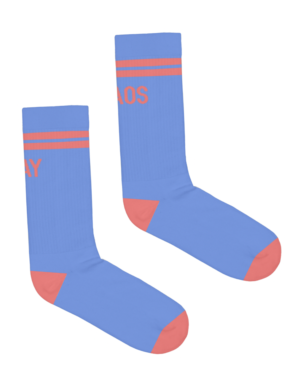 The GAY CHAOS Socks are a new color of our original black-and-white socks. These socks are pastel blue with pastel pink "GAY" on the back left cuff and "CHAOS" on the back right cuff. The style is ribbed cotton crew with compression and cushion. There is also pastel pink heel and toe color.