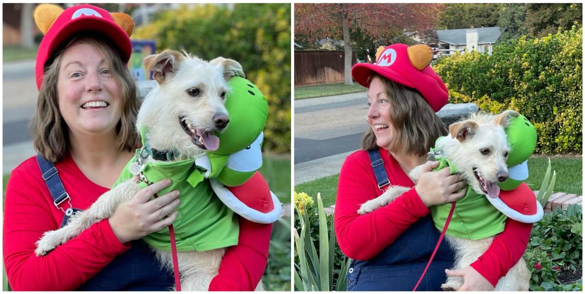 A collage of two photos of Darcy, a white person with shoulder-length hair, dressed as Mario in blue overalls, a red shirt, and a Mario hat. In their lap is Milo, a small white terrier, wearing a cobbled-together Yoshi costume. They are sitting outside in the early evening.