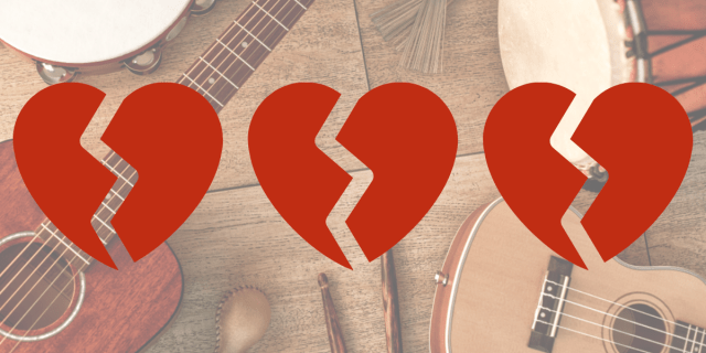 Musical instruments overlaid with three broken heart emojis in a row