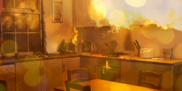 A kitchen on fire