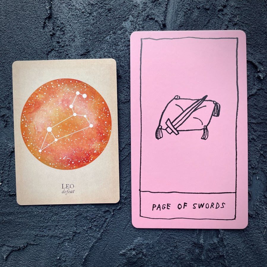 Card 1: Leo, Card 2: Page of swords