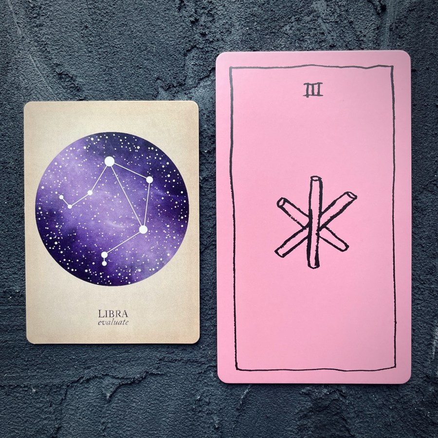 Card 1: Libra, Card 2: Three of wands