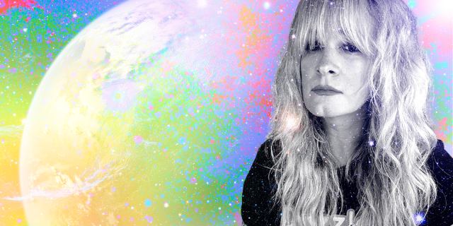 Niko, a white woman with long blonde hair, regards the viewer with a thoughtful look. She is set against a neon spacey backdrop that is colorful in contrast to her photo which is black and white