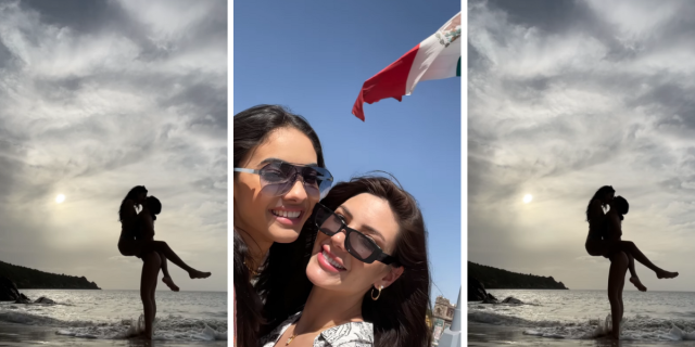 Miss Puerto Rico and Miss Argentina kissing on a beach and posing for a selfie together